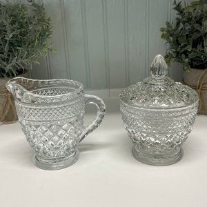 VINTAGE Glass Creamer and Sugar Bowl with Lid Anchor Hocking Wexford 3 Pc Set